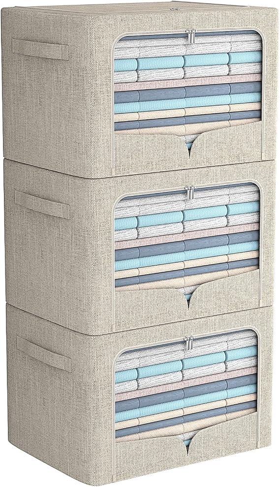 FHSQX 3 Pack Clothes Storage Bins - Foldable Metal Frame Storage Box - Stackable Linen Fabric Container Organizer Set with Carrying Handles and Clear Window (Beige, 15.7x11.8x7.8inch(22L))