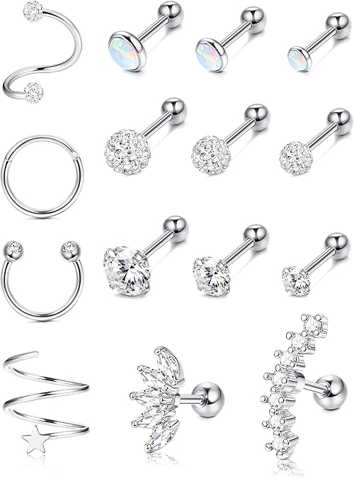 IRONBOX 16G Cartilage Earrings for Women Stainless Steel Conch Piercing Jewelry Helix Earrings Tragus Jewelry 15Pcs