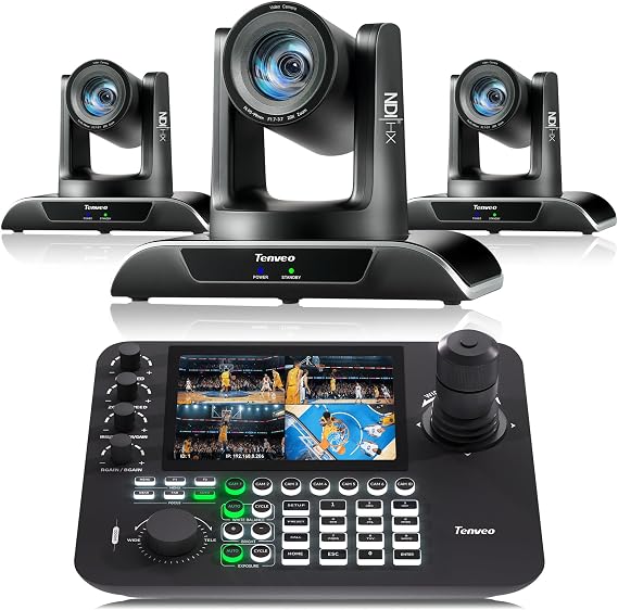 Tenveo PTZ Camera Bundle/Kits - 20X AI Humanoid & Face Auto-Tracking NDI PTZ Camera(3pcs) with HDMI/USB3.0/LAN(PoE) and 7 LCD Quad-Screen NDI PTZ Joystick Controller for Church Event Live Streaming