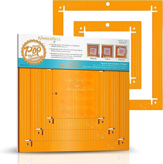 Kimberbell Orange Pop Quilting Rulers - Square Set of 4 - Quilt Rulers for Cutting Quilt Blocks, Non-Slip, Bonus Half Square Triangle Ruler in Two Sizes!
