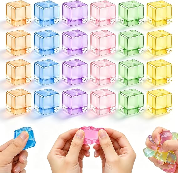 24 Pcs Mini Ice Cube Squishy Sensory Toys Fidget Stress Cube, Random Color Summer Sensory Stress Relief, Square Squeeze Ball, Slow Rise Sensory Fidget Toy (0.98 in)
