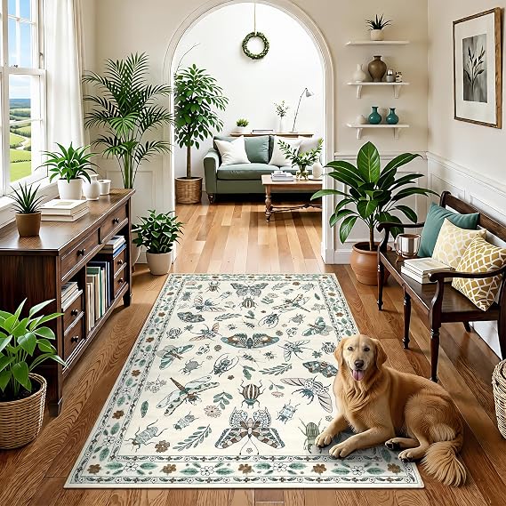 famibay Insect Botanical 3x5 Rug Washable Soft Foyer Rugs for Entryway Non Slip Carpet Rug for Entryway Bedroom Bathroom Laundry Living Room (Beige)