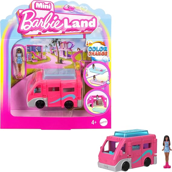 Barbie Mini BarbieLand Playsets with Toy Vehicle & 1.5-inch Doll, DreamCamper with Working Doors & Color-Change Pool