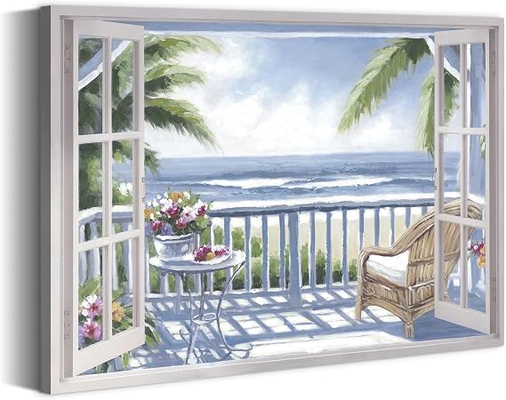 summer melody Open Window Ocean View Canvas Wall Art 36x24 Inch
