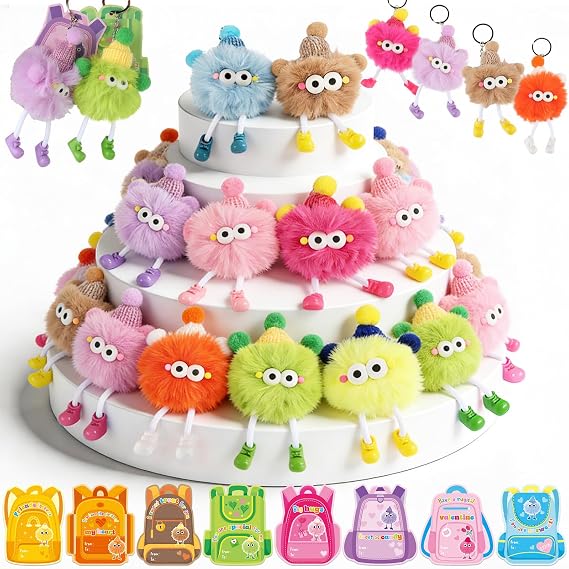 24 Sets Cute Plush Keychains Kawaii Keychain Bulk with Cards Funny key chain for Birthday Party Favor Exchange Gifts Prizes Goodie Bag Stuffers