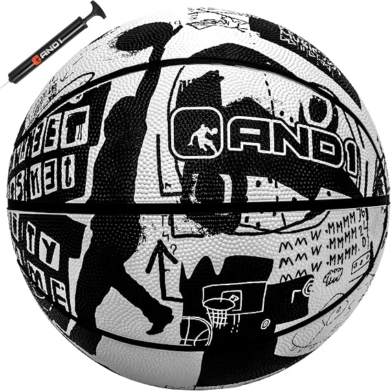AND1 Street Art 27.5 Basketball : Youth Sized Rubber Streetball for Indoor and Outdoor Use, Deep Channel Construction and Durability, Ideal for Boys and Girls Ages 9-11, Includes 10 Pump