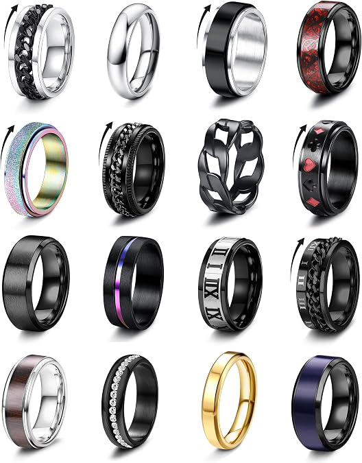 Besteel 16Pcs Stainless Steel Spinner Fidget Rings for Men Women Size 7-13