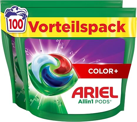 Ariel Laundry Detergent Pods All-in-1 Liquid Detergent Capsules 100 Washes Colour+ Powerful Stain Removal from the First Wash