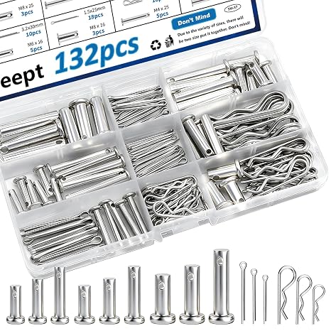 132Pcs Clevis Pin Assortment Kit - 304 Stainless Steel Cotter Pins & Carbon Steel Clevis Pins for Trailer Latch - Single Hole Clevis Pins for Versatile Use