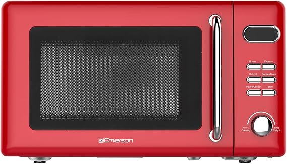 Emerson MWR7020RD Retro Compact Countertop Microwave Oven with Button Control, LED Display, 700W 5 Power Levels, 8 Auto Menus, Glass Turntable and Child Safe Lock, 0.7, Retro Red