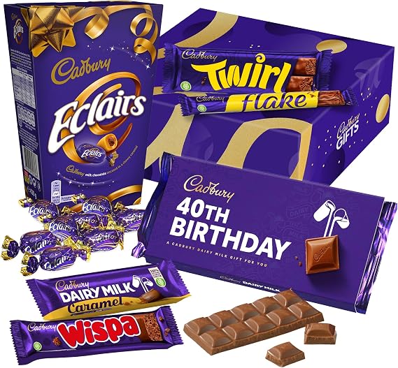 Cadbury "Happy 40th Birthday" Chocolate Birthday Gift - Full Size Cadbury Chocolate Bars including Flake, Caramel, Twirl, Dairy Milk and More.
