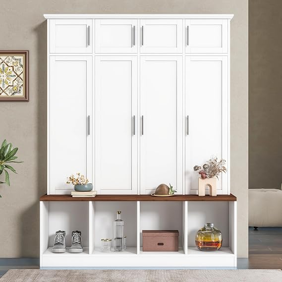 Hall Tree with 4 Hidden Hanging Hooks, Brown Wood Grain Bench with Multiple Storage Space, Entryway Cabinet with Open Compartments for Living Room, Hallway(White-S9)