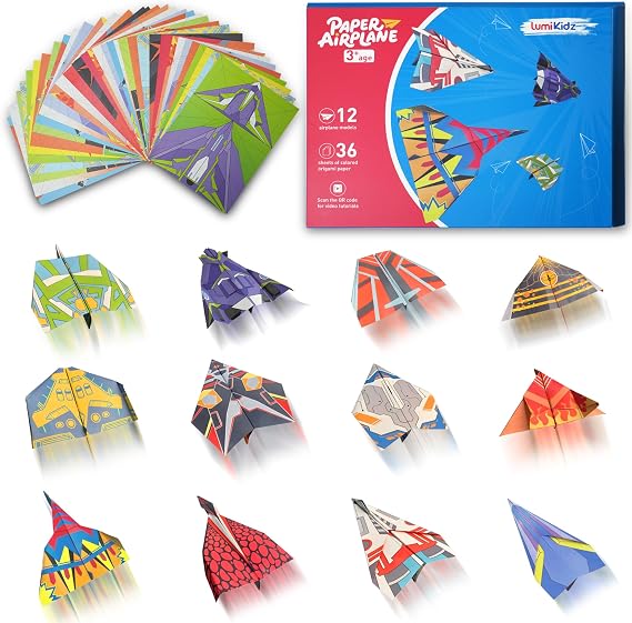 Paper Airplane Origami Kit for Kids Ages 8-12, 12 Paper Airplane Designs with 36 Colorful Origami Papers, Folding Airplane Activities for Kids, Creative Origami Kit Gift for Boys Girls