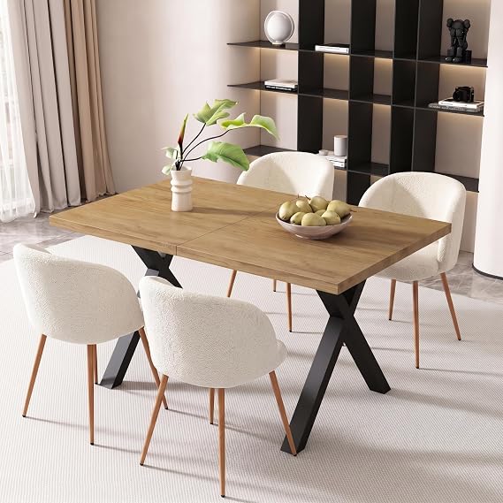 NORDICANA Beige Dining Chairs Set of 4, Kitchen Chair, Fuzzy Sherpa Armchair with Barrel Back and Sturdy Metal Frame Legs, for Dining Room, Kitchen, Living Room, Home Office