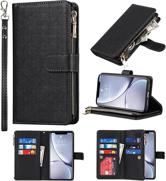 Wallet Case for iPhone XR with Wrist Strap,6.1",Black