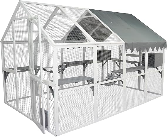 YOPTO Wooden Catio Enclosure,Outdoor Cat Cage with Weatherproof Roof,Cats Scratcher Ramp,Space Capsule Bed,Bridges and Resting Houses,Platforms,for Walk in Kitten Kennel,White