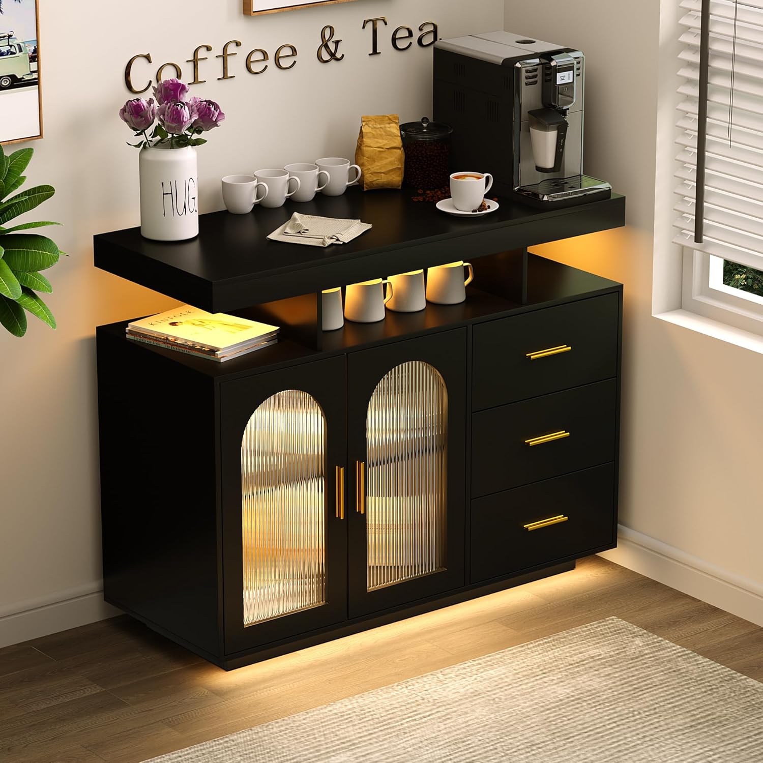 FREDEES Sideboard Buffet Cabinet with Charging Station, Coffee Bar Table with RGB LED Light, Auto-Sensor Design, Bar Cabinet with Storage with 3 Drawers, Black