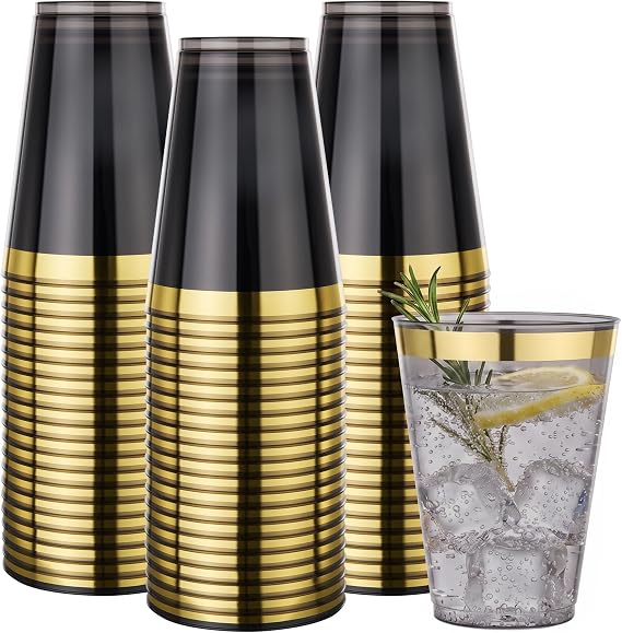 Goodluck 50 Pack 12oz Black Disposable Cups, Plastic Cups with Gold Rim | Plastic Cocktail Cups for Wedding, Party, Birthday, Thanksgiving, Christmas Party