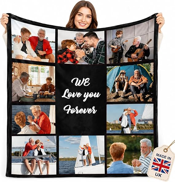 Personalised Blanket with Photo, Customisable Photo Throw for Adults Kids, Personalised Gifts for Mum, Dad, Boyfriend, Girlfriend