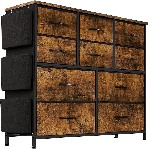 Jojoka Dresser for Bedroom, 10 Drawers Fabric Storage Drawer, Dressers & Chest of Drawers with Side Pockets, Hooks, Wood Tabletop for Closet, Living Room, Hallway (Brown)