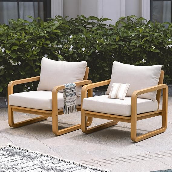Idzo Ivy Wood Club Chair Set of 2 Beige Fabric, Outdoor Wooden Armchair Seating with Cushions for Patio, Garden, or Balcony Relaxation