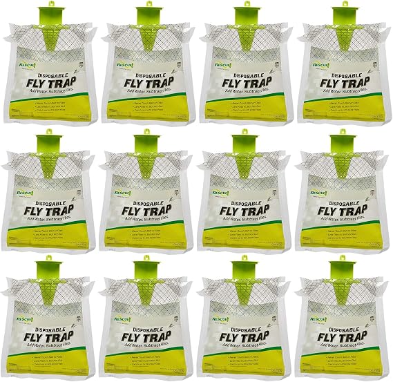 RESCUE! Outdoor Disposable Fly Trap Hanging Fly Catcher with Attractant Bait, Fly Bag for Patio, Yard, Trash & Farm Areas Easy-to-Use Outdoor Fly Control - 12 Traps