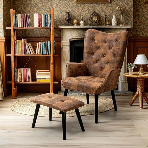 ECOTOUGE Accent Chair with Ottoman, Brown Button Tufted Wingback Chair | Soft Upholstered Fabric; High Density Thick Sponge; Anti-Skid Foot Caps; For Bedroom Reading Nook Living Room Leisure