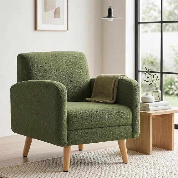 Mid Century Boucle Accent Chair, Single (Green)