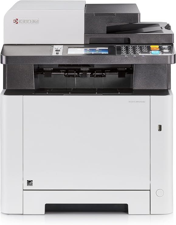 Kyocera ECOSYS M5526cdw All-in-One Color Laser Printer (Print/Copy/Scan/Fax), 27 ppm, Up To Fine 1200 dpi, Gigabit Ethernet, Wireless & Wi-Fi Direct, Standard Duplex, 4.3in Touchscreen Panel, 512 m