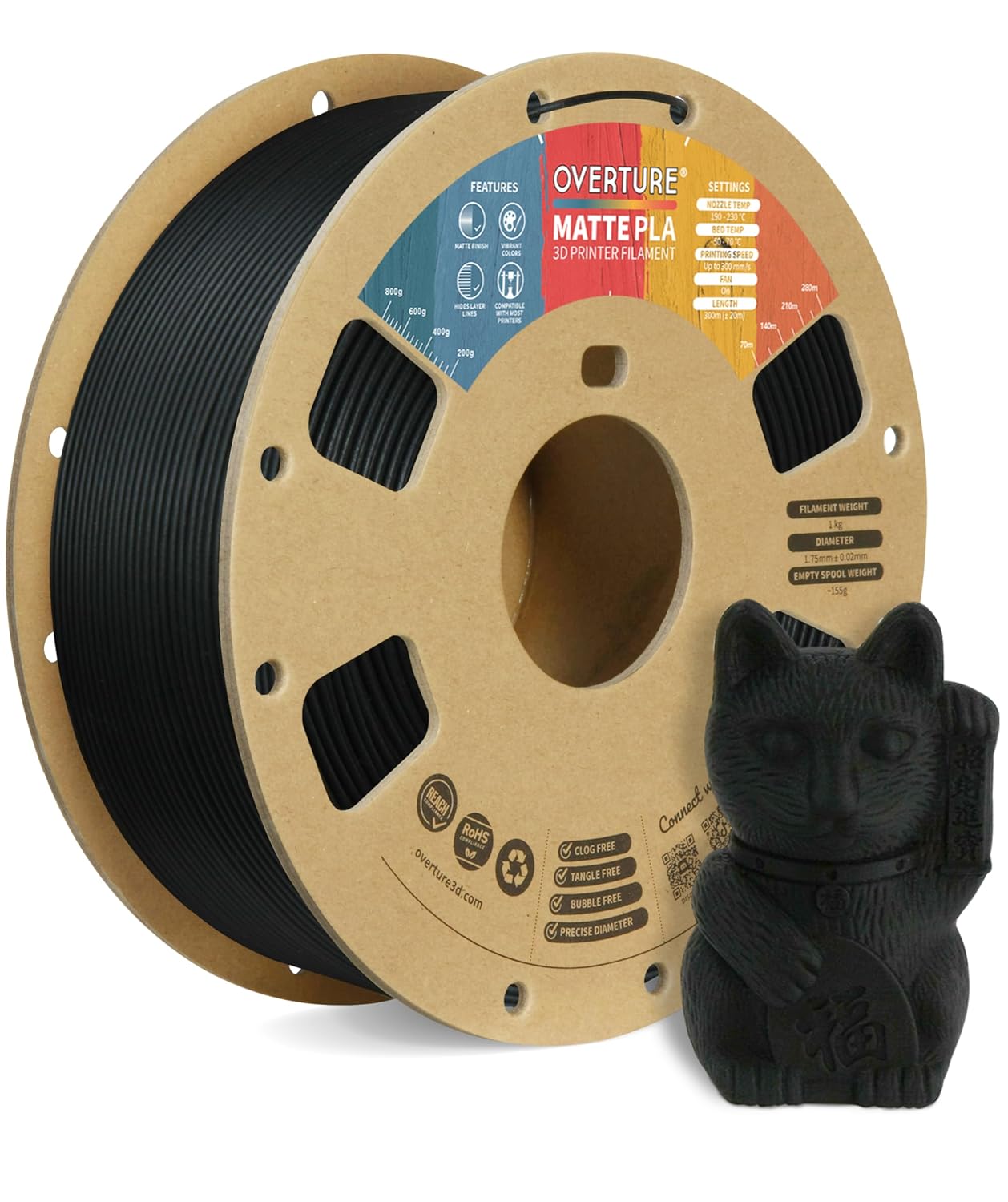 OVERTURE PLA Filament, Material for 3D Printers, 3D Printing, 3D Printer, Filament 1.75mm, 1kg Spool, High Dimensional Accuracy, High Density, Environmental Protection, Fits Most FDM Printers Matte