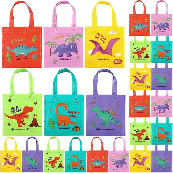 Tallew 24 Pcs Dinosaur Party Favor Bags Non Woven with Handles for Kids