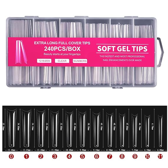 240PCS Half Cover Long Coffin False Nail Tips, 12 Sizes with Storage Case