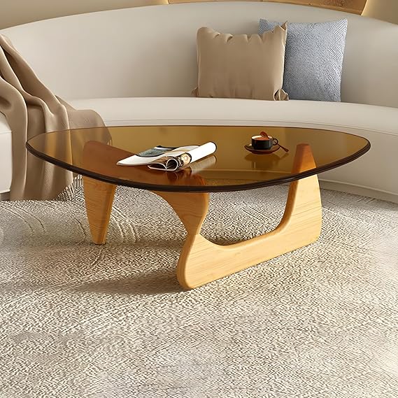 Triangle Glass Coffee Table, Aesthetic Coffee Table, Vintage Coffee Table for Living Room- 36" L x 25.5" W x 16" H Tawny/Clear Glass Top Natural Solid Wood Base