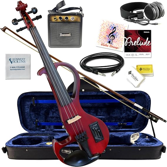 Electric Violin Bunnel Edge Outfit 4/4 Full Size (Clear) (RED) With Carrying Case and Accessories Included - Headphone Jack - Mini Amp - Piezo Ceramic Pick-Up from Kennedy Violins