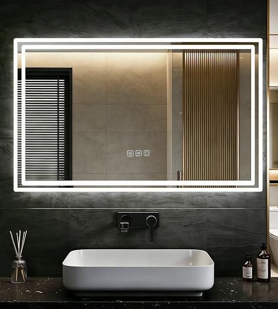 SVNR Bathroom Mirror 120 x 60 cm Bathroom Mirror with Lighting 3 Button Touch Control 3 Light Colours Continuous Brightness Control Anti-Fog & Memory Function Aluminium Frame
