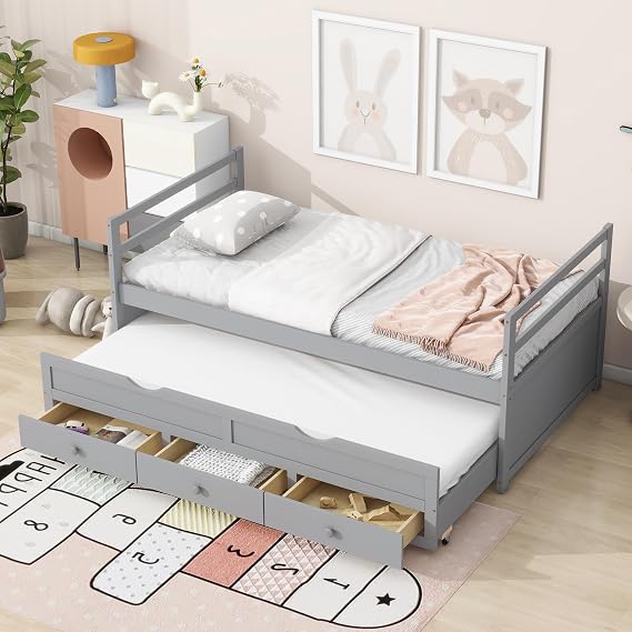 Twin Size Bed Frame with Trundle and 3 Drawers,Captains Bed Twin with Headboard,Footboard,Twin Size Daybed with Storage,Trundle Bed Twin Size for Kids Teens Adults,Grey