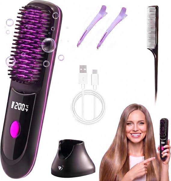 cjc Go Brush Pro,Portable Cordless Hair Straightener Brush Rechargeable