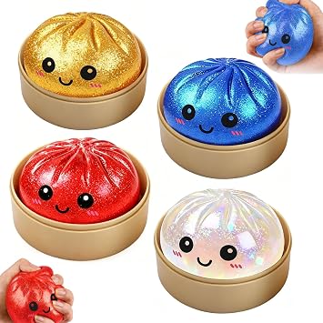 4PCS Giant Dumpling Bao Squishy, Dumplings Bao Squishy with Steamer Basket, Glitter Dumpling for Anxiety Relief, Soft Mystery Dumplings Toy for Adults Teens