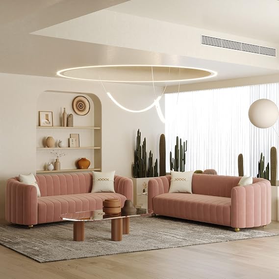 83'' Velvet Sofa Set for Living Room Modern Comfy Couch 3-Seater Apartment Sofa with 2 Pillows & Golden Metal Legs