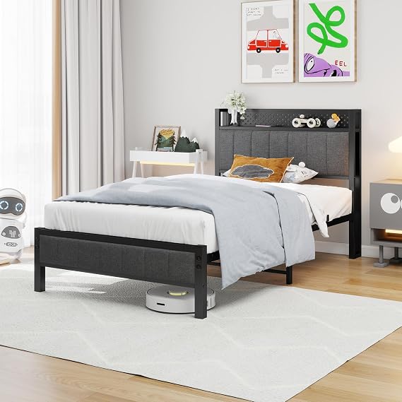 Single Bed Frame with Storage Headboard Shelf, No Box Spring Needed