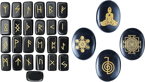 Black Agate Rectangle Shape Gemstone Runes 25 Pcs & Engraved Stone Reiki Symbols Polished Palm Stones (Set of 4) Sacred Geometry Symbols Set for Good Luck Positive Healing Meditation Gemstone Gift set