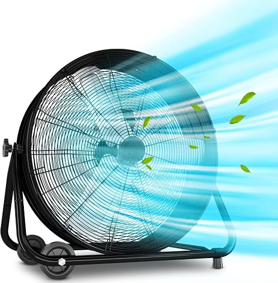 LifePlus 24 Inch Industrial Drum Fan, 5620 CFM High Velocity Floor Fan, 3-Speed Heavy Duty Air Circulator, Black Commercial Fan for Warehouse, Workshop, and Garage Cooling