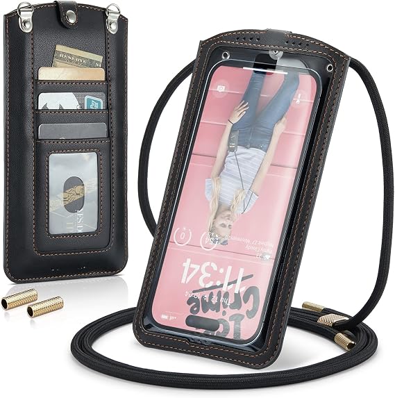 Small Crossbody Bag Cell Phone Purse for Women Men Leather Mini Shoulder Bag Wallet Case with Card Holder Slot Necklace Lanyard for All Phones iPhone Samsung Google up to 7.3" Black