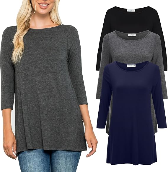 3 Pack 3/4 Sleeve Tunic Tops for Women Casual Long Shirts Loose Fit Dressy to Wear with Leggings Travel Clothes