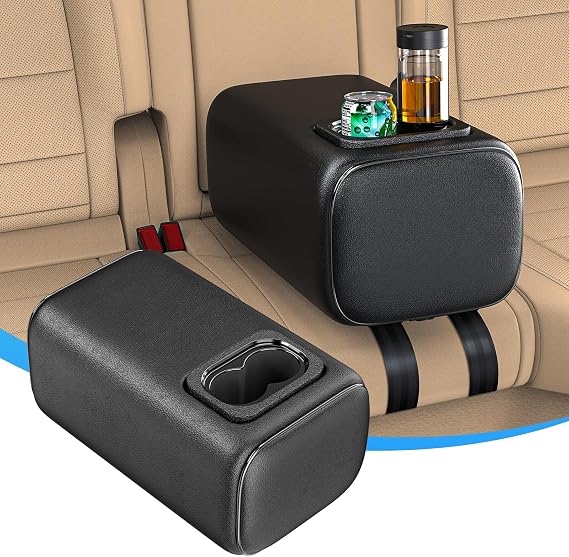 Car Rear Seat Armrest 2 Row Console Box with Cup Holder Universal Arm Rest Backseat Armrest Console Box Second Row Rear Central Armrest Box(Black-No Pocket)
