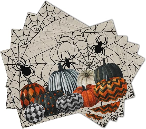 Halloween Placemats Set of 4 12x18 Inch Black Orange Pumpkin Spiderweb Spider Print Table Mats Farmhouse Decorative Linen Washable Place Mats for Holiday Party Kitchen Dining Table Decor