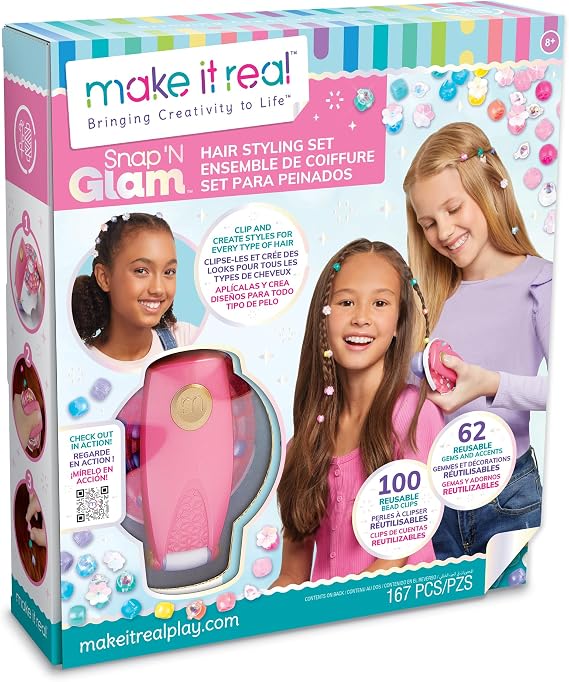 Snap N' Glam Hair Styling Set - Create Unique Styles with 100 Reusable Bead Clips, Gems & Accents - Great for All Hair Types - Easy to Use, Remove, and Reuse - Fun Gift for Girls Ages 8+ Make it Real