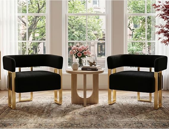 Mid Century Modern Accent Chair Set of 2, Barrel, Black Boucle, Gold Leg
