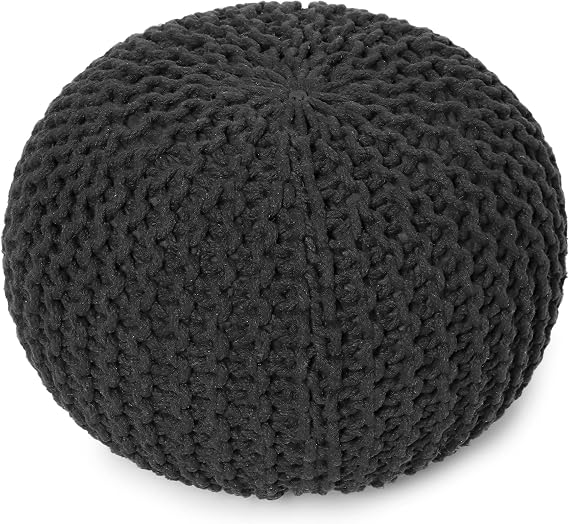 REDEARTH Round Pouf Foot Stool Ottoman - Cotton Hand Knitting Dripuff - Cord Boho Home Decor - Cable Pooh for Living Room - Bedroom 19.5" x 19.5" x 14" - Dark Grey