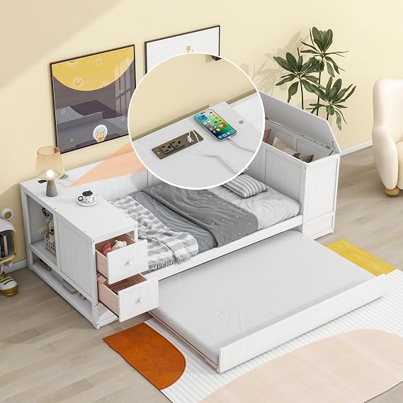 Bellemave Twin Size Daybed with Trundle, Storage Arms, Charging Station, Wood Twin Daybed Frame Sofa Bed, No Box Spring Required, for Living Room Bedroom Guest Room - White
